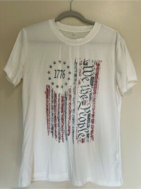 White Graphic Tee with Distressed American Flag and "1776"